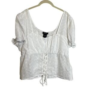 Thorn & Fable Womens Blouse Size XL White Eyelet Puff Sleeve Coquette Lace Up
